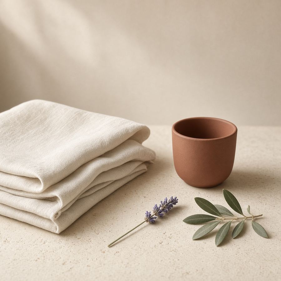 Folded ivory linen, a terracotta cup, a stem of lavender, and olive leaves.